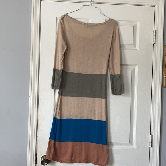 BCBGMaxAzria blue brown tan color block scoop neck ribbed sweater dress sz M - Picture 3 of 17